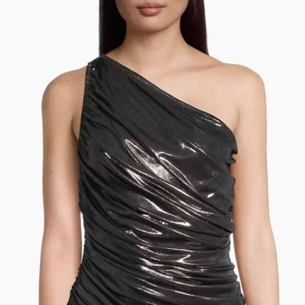 NWT Norma Kamali Diana Metallic Ruched One-Shoulder Gown Small